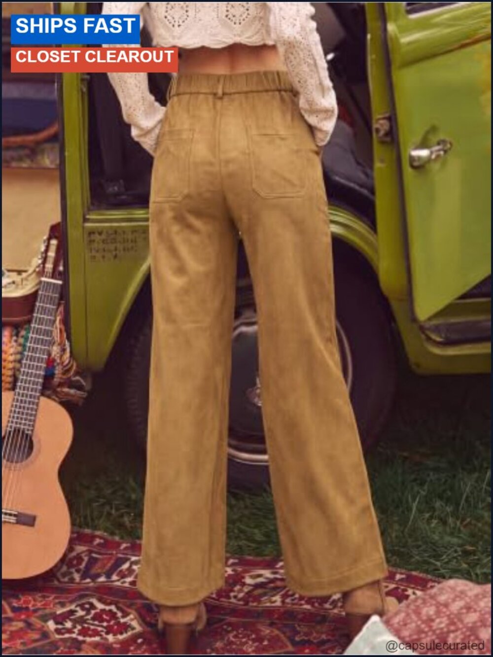 Suede Straight Leg High Waisted Trousers Casual Fall Pants - Picture 3 of 6